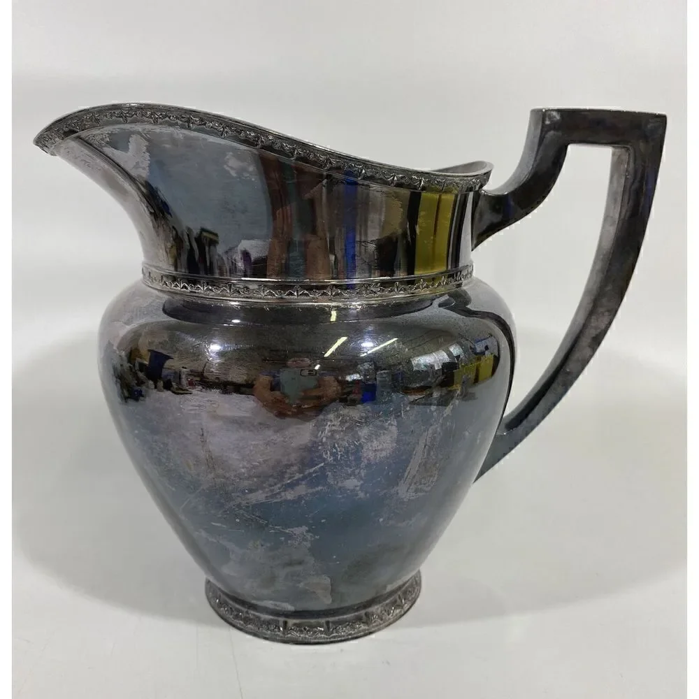 Antique H.S. Co Silverplate Water Pitcher Art Deco 7.75” X 9.5” Geometric Handle